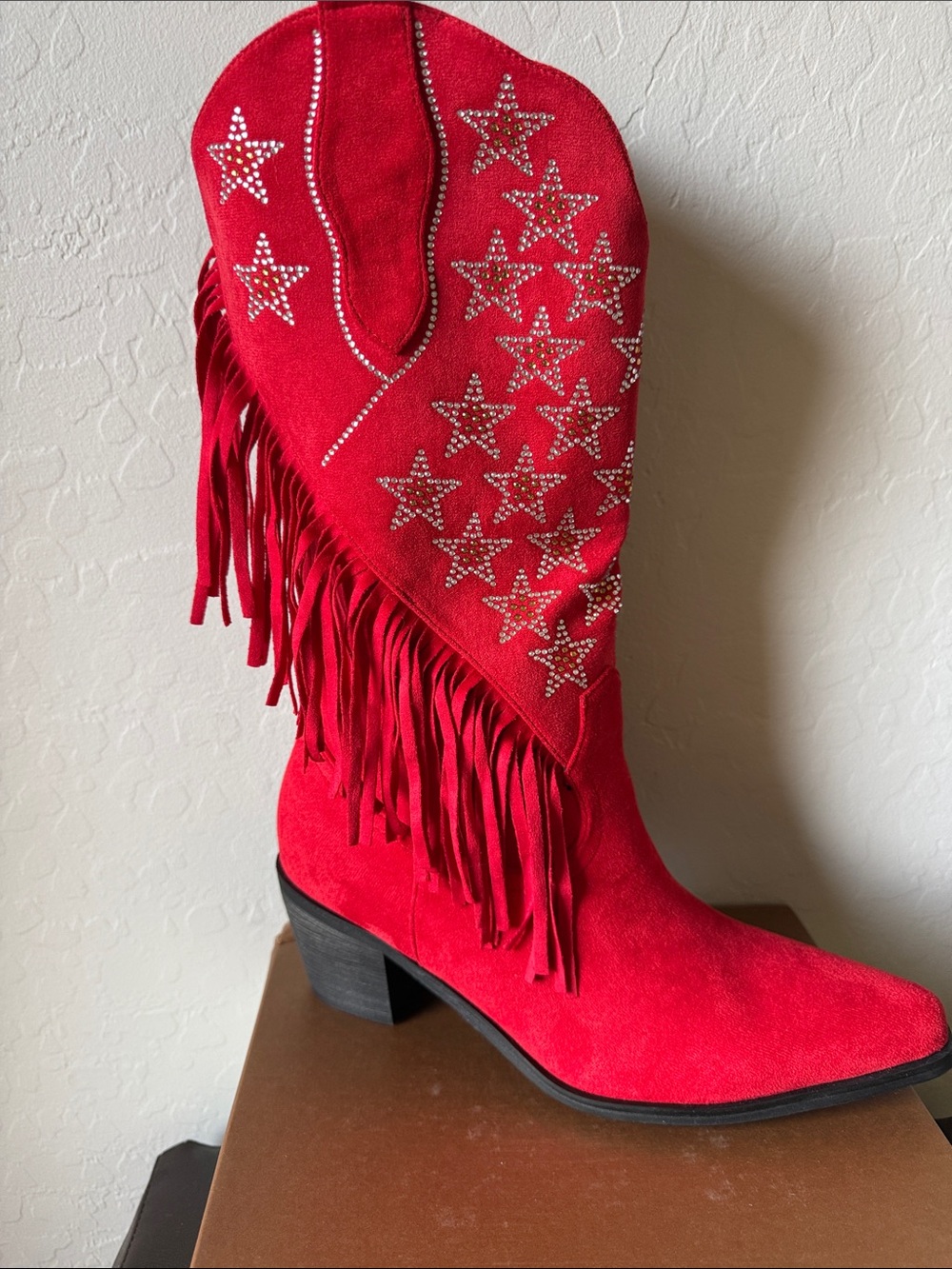 Red Suede Fringe Western Boot with Star Studs - Women 8.5-9